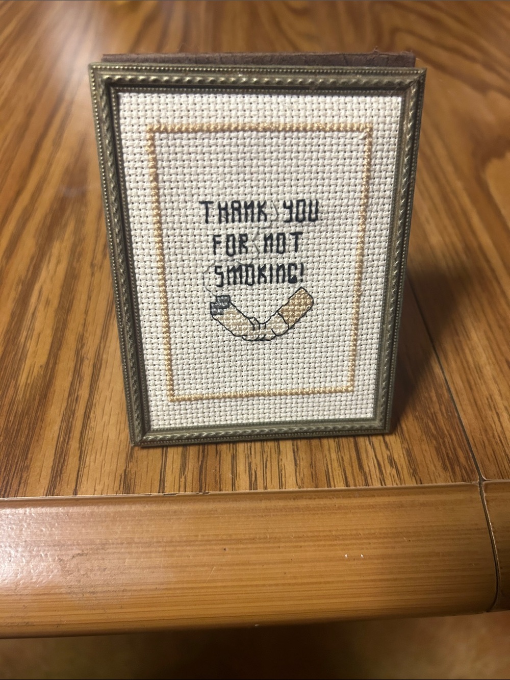 Framed 'Thank You For Not Smoking' Cross-Stitch - Cream and Gold